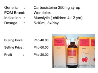 Generic :  Carbocisteine 250mg syrup PQM Brand:  Wendelex Indication :  Mucolytic ( children 4-12 y/o) Dosage : 5-10ml, 3x/day  Buying Price :  Php 40.00 Selling Price :  Php 60.00 Profit    : Php 20.00 