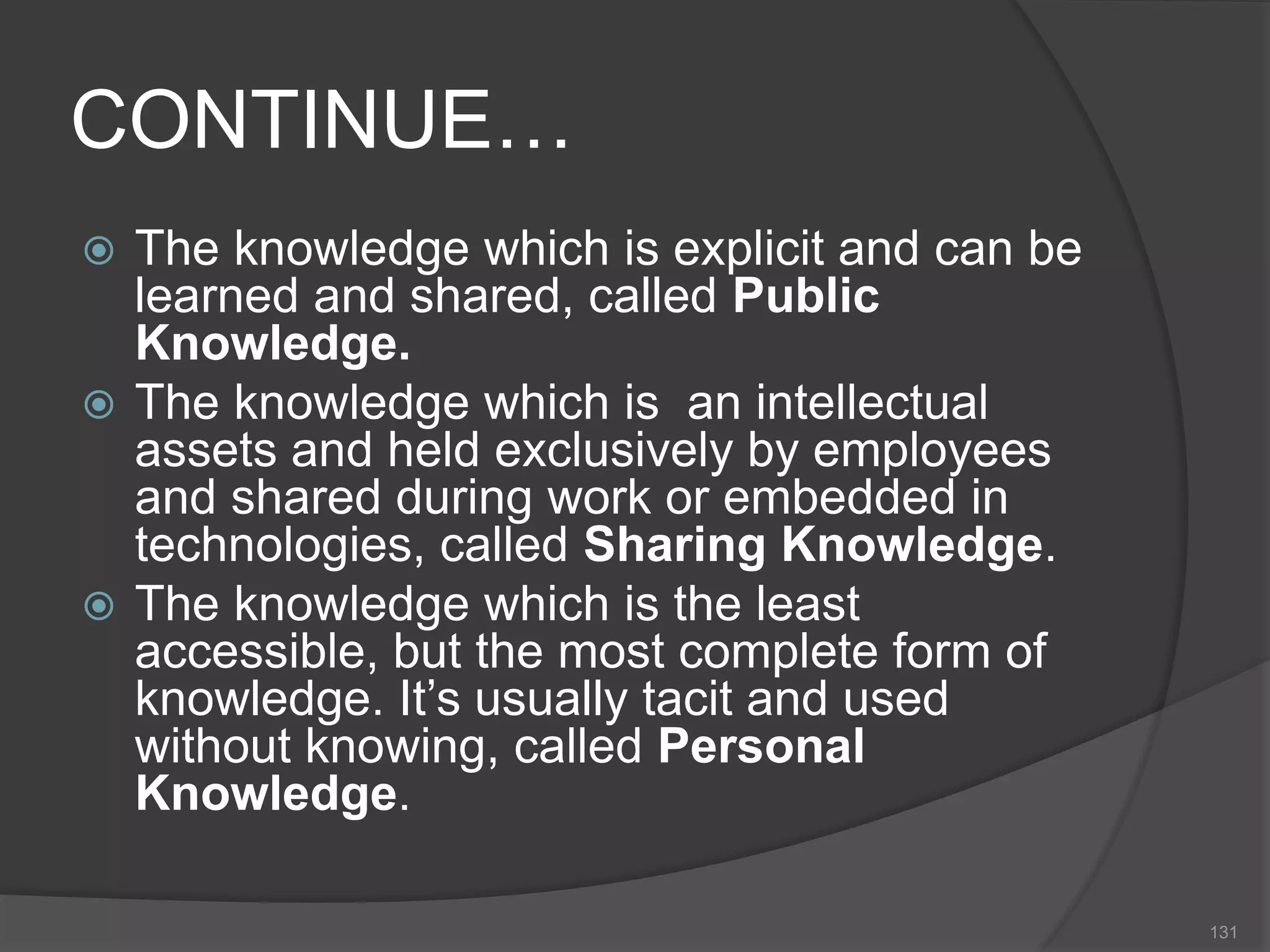 CONTINUE…
 The knowledge which is explicit and can be
learned and shared, called Public
Knowledge.
 The knowledge which is an intellectual
assets and held exclusively by employees
and shared during work or embedded in
technologies, called Sharing Knowledge.
 The knowledge which is the least
accessible, but the most complete form of
knowledge. It’s usually tacit and used
without knowing, called Personal
Knowledge.
131
 