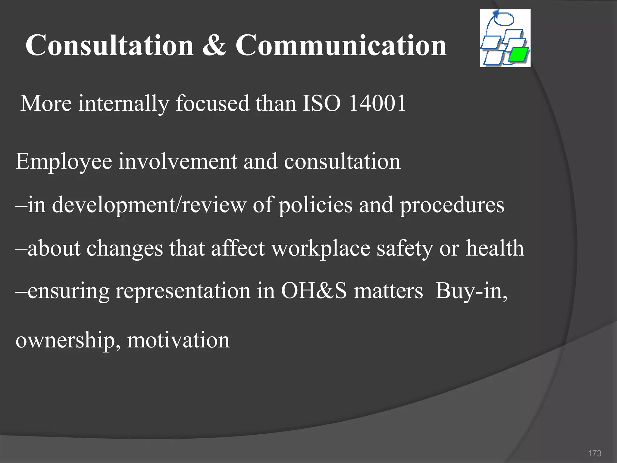Consultation & Communication
More internally focused than ISO 14001
Employee involvement and consultation
–in development/review of policies and procedures
–about changes that affect workplace safety or health
–ensuring representation in OH&S matters Buy-in,
ownership, motivation
173
 