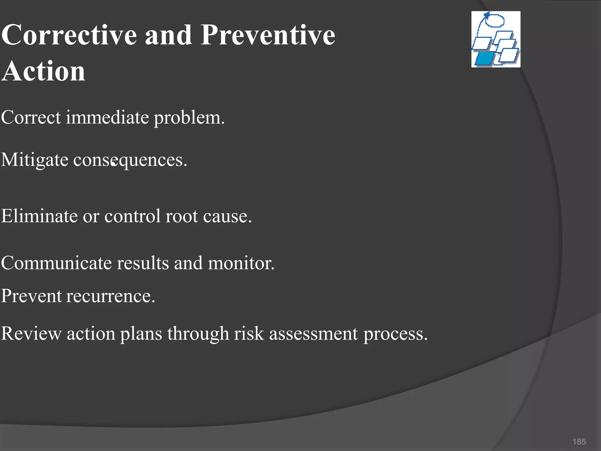 Corrective and Preventive
Action
Correct immediate problem.
•Mitigate consequences.
Eliminate or control root cause.
Prevent recurrence.
Review action plans through risk assessment process.
Communicate results and monitor.
185
 