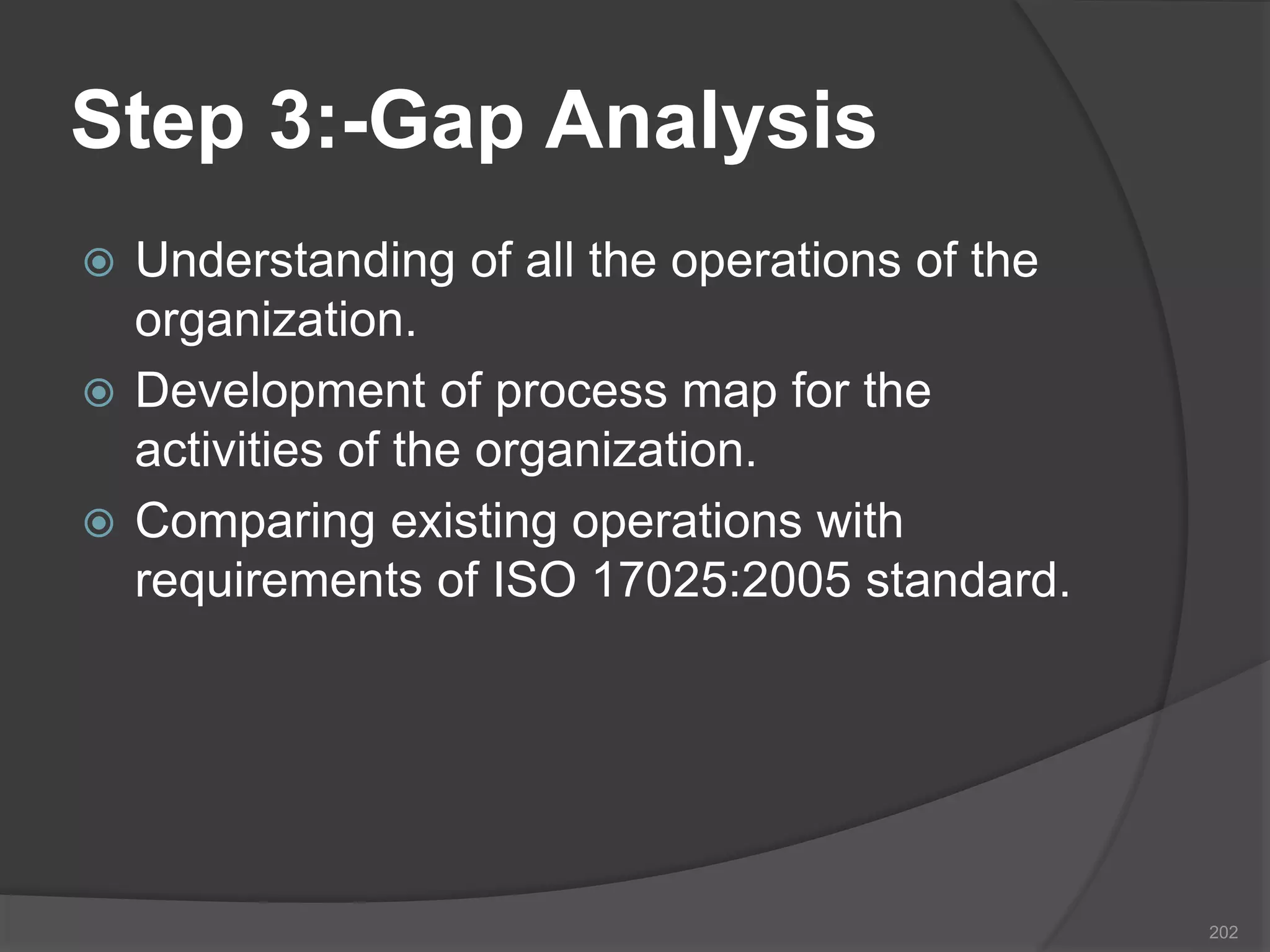 Step 3:-Gap Analysis
 Understanding of all the operations of the
organization.
 Development of process map for the
activities of the organization.
 Comparing existing operations with
requirements of ISO 17025:2005 standard.
202
 