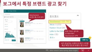 보그에서 특정 브랜드 광고 찾기
12
Advertisement:
(브랜드명) 으로 검색
특정 키워드 검색 후
문서형식에서
Advertisement 선택
내가 관심있는 브랜드의 최근 스타일
혹은 특정 년도의 브랜드 광고 비교
응용 Tip
 