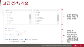 고급 검색; 개요
18
문서의 종류 혹은
특징을 기반으로
검색결과 제한
검색결과
페이지의 정렬
방법, 페이지당
보여질 항목 수,
키워드의 철자에
대한 다양성 변수
적용
 
