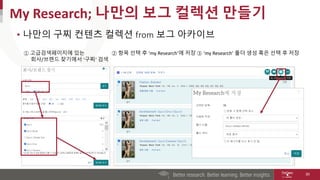 • 나만의 구찌 컨텐츠 컬렉션 from 보그 아카이브
My Research; 나만의 보그 컬렉션 만들기
30
① 고급검색페이지에 있는
회사/브랜드 찾기에서 ‘구찌‘ 검색
② 항목 선택 후 ‘my Research’에 저장 ③ ‘my Research’ 폴더 생성 혹은 선택 후 저장
 