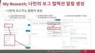 • 나만의 모스키노 알림이 생성
My Research; 나만의 보그 컬렉션 알림 생성
31
① 고급검색페이지에 있는
회사/브랜드 찾기 검색
② 검색결과 화면 오른편
검색/알림메시지 저장 클릭
③ 상세 설정 후 알림메시지 생성
 