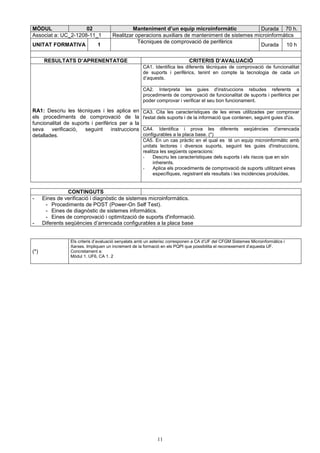 MÒDUL 02 Manteniment d’un equip microinformàtic Durada 70 h. 
Associat a: UC_2-1208-11_1 Realitzar operacions auxiliars de manteniment de sistemes microinformàtics 
UNITAT FORMATIVA 1 Tècniques de comprovació de perifèrics 
11 
Durada 10 h 
RESULTATS D’APRENENTATGE CRITERIS D’AVALUACIÓ 
CA1. Identifica les diferents tècniques de comprovació de funcionalitat 
de suports i perifèrics, tenint en compte la tecnologia de cada un 
d’aquests. 
CA2. Interpreta les guies d'instruccions rebudes referents a 
procediments de comprovació de funcionalitat de suports i perifèrics per 
poder comprovar i verificar el seu bon funcionament. 
CA3. Cita les característiques de les eines utilitzades per comprovar 
l'estat dels suports i de la informació que contenen, seguint guies d'ús. 
CA4. Identifica i prova les diferents seqüències d'arrencada 
configurables a la placa base. (*) 
RA1: Descriu les tècniques i les aplica en 
els procediments de comprovació de la 
funcionalitat de suports i perifèrics per a la 
seva verificació, seguint instruccions 
detallades. 
CA5. En un cas pràctic en el qual es té un equip microinformàtic amb 
unitats lectores i diversos suports, seguint les guies d'instruccions, 
realitza les següents operacions: 
- Descriu les característiques dels suports i els riscos que en són 
inherents. 
- Aplica els procediments de comprovació de suports utilitzant eines 
específiques, registrant els resultats i les incidències produïdes. 
CONTINGUTS 
- Eines de verificació i diagnòstic de sistemes microinformàtics. 
- Procediments de POST (Power-On Self Test). 
- Eines de diagnòstic de sistemes informàtics. 
- Eines de comprovació i optimització de suports d'informació. 
- Diferents seqüències d’arrencada configurables a la placa base 
(*) 
Els criteris d’avaluació senyalats amb un asterisc corresponen a CA d’UF del CFGM Sistemes Microinformàtics i 
Xarxes. Impliquen un increment de la formació en els PQPI que possibilita el reconexement d’aquesta UF. 
Concretament a: 
Mòdul 1. UF6, CA 1. 2 
 