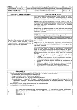 MÒDUL 02 Manteniment d’un equip microinformàtic Durada 70 h. 
Associat a: UC_2-1208-11_1 Realitzar operacions auxiliars de manteniment de sistemes microinformàtics 
UNITAT FORMATIVA 4 Clonació d'equips microinformàtics 
14 
Durada 30 h 
RESULTATS D’APRENENTATGE CRITERIS D’AVALUACIÓ 
CA1. Descriu les funcions de replicació física, clonació, de discos i 
particions en sistemes microinformàtics, tenint en compte les diferents 
instal·lacions de programari inherents a cada tipus d'usuari/ària. 
CA2. Inicialitza equips des de diferents suports de memòria auxiliar. (*) 
CA3. Cita els diferents elements físics que intervenen en un procediment 
de clonació entre equips microinformàtics, i n’indica l’ús i els problemes 
que en puguin derivar. 
CA4. Descriu les característiques de les eines programari utilitzades per 
a la instal·lació d'imatges de discos o particions i n’assenyala les 
restriccions d'aplicació. 
CA5. Realitza imatges d'una preinstal·lació de programari. (*) 
CA6. Discrimina els diferents mitjans d'emmagatzemament d'imatges de 
disc o particions de disc, per al transport i posterior instal·lació, segons 
guies detallades. 
CA7. Enumera les fases d'arrencada d'un sistema microinformàtic per 
verificar la funcionalitat de la imatge instal·lada, tenint en compte el tipus 
de clonació realitzada. 
RA1: Identifica els elements que intervenen 
en la rèplica física, clonació, d'equips 
microinformàtics i aplica procediments de 
clonació seguint guies detallades. 
CA8. En un cas pràctic en el qual es té un sistema microinformàtic, 
eines per a la gestió de rèpliques de discos o particions de discos i 
rèpliques realitzades prèviament en suports adequats, aplica el 
procediment de clonació entre diversos equips segons les instruccions 
rebudes: 
- Interpreta la guia d'instruccions referents al procediment de clonació 
a aplicar. 
- Analitza l'equip de destinació, en el qual s'implantarà la imatge, i 
verifica que compleix els condicionants previs. 
- Compleix les normes de seguretat establertes per al procediment de 
clonació. 
- Utilitza l'eina de gestió d'imatges i procedeix a la seva implantació. 
- Verifica el resultat obtingut en el procediment de clonació. 
- Registra les operacions realitzades seguint els formats donats. 
CONTINGUTS 
- Mètodes de replicació física de particions i discos durs en equips microinformàtics. 
- Funcionalitat i objectius del procés de replicació. 
- Seguretat i prevenció en el procés de replicació. 
- Particions de discos: tipus de particions i eines de gestió. 
- Eines de creació i implantació d'imatges i rèpliques de sistemes: orígens d'informació; procediments 
d'implantació d'imatges i rèpliques de sistemes; procediments de verificació d'imatges i rèpliques de 
sistemes. 
- Inicialització d’equips des de diferents suports de memòria auxiliar 
- Imatges d’una preinstalació de programari 
(*) 
Els criteris d’avaluació senyalats amb un asterisc corresponen a CA d’UF del CFGM Sistemes Microinformàtics i 
Xarxes. Impliquen un increment de la formació en els PQPI que possibilita el reconexement d’aquesta UF. 
Concretament a: 
Mòdul 1. UF6, CA 1. 3 
Mòdul 1, UF6, CA 1. 4 
 