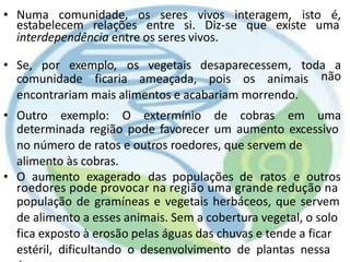 • Numa comunidade, os seres vivos interagem, isto é,
estabelecem relações entre si. Diz-se que existe uma
interdependência entre os seres vivos.
• Se, por exemplo, os vegetais desaparecessem, toda a
comunidade ficaria ameaçada, pois os animais
encontrariam mais alimentos e acabariam morrendo.
não
• Outro exemplo: O extermínio de cobras em uma
determinada região pode favorecer um aumento excessivo
no número de ratos e outros roedores, que servem de
alimento às cobras.
• O aumento exagerado das populações de ratos e outros
roedores pode provocar na região uma grande redução na
população de gramíneas e vegetais herbáceos, que servem
de alimento a esses animais. Sem a cobertura vegetal, o solo
fica exposto à erosão pelas águas das chuvas e tende a ficar
estéril, dificultando o desenvolvimento de plantas nessa
 