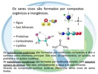 As substâncias orgânicas são formadas por moléculas complexas e têm o
carbono como elemento principal. São elas: os carboidratos, os lipídios, os
protídios e os ácidos nucléicos.
As substâncias inorgânicas são formadas por moléculas simples, com pequeno
número de átomos. São elas, principalmente: a água e os sais minerais.
Através da composição química, pode-se diferenciar seres vivos de seres
brutos.
 