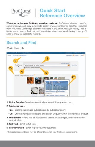 Search and Find
Main Search
1. Quick Search – Search automatically across all library resources.
2. Subject Areas –
• 2a – Explore customized subject areas by subject category.
• 2b – Choose individual collections and search uniquely within the individual product.
3. Publications – View lists of publications, details on coverages, and search within
desired titles.
4. Full Text – Limit to full text.
5. Peer reviewed – Limit to peer-reviewed journals.
* Subject areas and topics may be different based on your ProQuest subscriptions.
Quick Start
Reference Overview
Welcome to the new ProQuest search experience. ProQuest’s all-new, powerful,
comprehensive, and easy-to-navigate search environment brings together resources
from ProQuest, Cambridge Scientific Abstracts (CSA), and Chadwyck-Healey.TM
It’s a
better way to search, find, use, and share information. Here are all the key points you’ll
need to know for successful research.
1
2a
2b
3
4 5
*
 