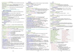 all_features → list of all features
property_lexical_handler → optional extension handler for lexical events
(like comments).
property_declaration_handler → optional extension handler for DTD-
related events other than notations and unparsed entities.
property_dom_node1
→ visited DOM node (if DOM iterator) when parsing, else
root DOM node.
property_xml_string → literal string source of current event (read only
property).
all_properties → list of all properties names
1
can only be read during parsing (and modified before).
DOM - In-memory Tree
Defined in xml.dom. Two function to register/access DOM processors,
and some constants.
registerDOMImplementation(name,factory) ➤ register DOM
implementation factory
getDOMImplementation([name[,features]]) → DOM implementation - name
may be None - may found name in env. var PYTHON_DOM - features is
[(featurename,version),…]
EMPTY_NAMESPACE → no namespace associated with a node
XML_NAMESPACE → xml prefix namespace
XMLNS_NAMESPACE → namespace URI for namespace declarations - DOM level 2
specification definition
XHTML_NAMESPACE → URI of XHTML namespace (XHTML 1.0)
DOMImplementation
impl.hasFeature(feature,version) → bool: test for supported feature in an
implementation
Node
Defined in xml.dom, class Node is parent of XML components nodes
classes.
o.nodeType → int: (ro) in ELEMENT_NODE, ATTRIBUTE_NODE, TEXT_NODE,
CDATA_SECTION_NODE, ENTITY_NODE, PROCESSING_INSTRUCTION_NODE,
COMMENT_NODE, DOCUMENT_NODE, DOCUMENT_TYPE_NODE, NOTATION_NODE
o.parentNode → Node/None: (ro) - None for Attr nodes
o.attributes → NamedNodeMap/None: attribute objects for elements, else
None
o.previousSibling → Node/None: (ro) previous node in parent's children
o.nextSibling → Node/None: (ro) next node in parent's children
o.childNodes → [Node]: (ro) list of subnodes
o.firstChild → Node/None: (ro) first subnode
o.lastChild → Node/None: (ro) last subnode
o.localName → unicode/None: (ro) element name without namespace prefix
o.prefix → unicode/None: (ro) element namespace prefix - may be empty
string or None
o.namespaceURI → unicode/None: (ro) URI associated to element namespace
o.nodeName → unicode/None: (ro) usage specified in subclasses
o.nodeValue → unicode/None: (ro) usage specified in subclasses
o.hasAttributes() → bool: test any attribute existence
o.hasChildNodes() → bool: test any subnode existence
o.isSameNode(other) → bool: test other refers same node
o.appendChild(newChild) → new Child: add new child node at end of
subnodes - return new child
o.insertBefore(newChild,refChild) → new Child: add new child node before
an existing subnode - at end of subnodes if refChild is None - return new child
o.removeChild(oldChild) → oldChild: remove a subnode, return it - when no
longer used, must call oldChild.unlink()
o.replaceChild(newChild,oldChild) ➤ replace existing subnode with a new
one
o.normalize() ➤ join adjacent text nodes
o.cloneNode(deep) → Node: if deep, clone subnodes too - return clone
NodeList
A sequence of nodes, usable as a Python sequence (maybe modifiable
upon implementation).
o.length → int: number of nodes in the sequence
o.item(i) → Node/None: ith
item in the list
DocumentType
Subclass of Node.
o.nodeType → DOCUMENT_TYPE_NODE
o.publicId → unicode/None: public identifier for external subset of DTD
o.systemId → unicode/None: system identifier URI for external subset of DTD
o.internalSubset → unicode/None: complete internal subset from the
document - without brackets
o.name → unicode/None: name of root element (as given in DOCTYPE)
o.entities → NamedNodeMap/None: definition of external entities
o.notations → NamedNodeMap/None: definition of notations
Document
Subclass of Node.
o.nodeType → DOCUMENT_NODE
o.documentElement → Element: root element of the document
o.createElement(tagName)→ Element: new1
element node
o.createElementNS(namespaceURI,tagName)→ Element: new1
element
node with namespace - tagName may have prefix
o.createTextNode(data) → Element: new1
text node containing data
o.createComment(data) → Element: new1
comment node containing data
o.createProcessingInstruction(target,data) → Element: new1
processing instruction node containing target and data
o.createAttribute(name) → Element: new1
attribute node
o.createAttributeNS(namespaceURI,qualifiedName) → Element: new1
attribute node with namespace - tagName may have prefix
o.getElementsByTagName(tagName) → NodeList: search for all
descendants (deep search) having type tagName
o.getElementsByTagNameNS(namespaceURI,localName) → NodeList:
search for all descendants (deep search) having namespaceURI and localName
(part after prefix)
1
New nodes are standalone - you must insert/associate them in/to
document parts.
Element
Subclass of Node.
o.nodeType → ELEMENT_NODE
o.tagName → unicode: element type name - with namespace may contain
colons
o.getElementsByTagName(tagName) → NodeList: search for all
descendants (deep search) having type tagName
o.getElementsByTagNameNS(namespaceURI,localName) → NodeList:
search for all descendants (deep search) having namespaceURI and localName
(part after prefix)
o.getAttribute(attname)→ unicode: attribute value
o.getAttributeNode(attrname)→ Attr: attribute node
o.getAttributeNS(namespaceURI,localName)→ unicode: attribute value
o.getAttributeNodeNS(namespaceURI,localName)→ Attr: attribute node
o.removeAttribute(attname) ➤ remove attribute by name - ignore missing
attribute
o.removeAttributeNode(oldAttr)→ Attr: remove and return oldAttr
o.removeAttributeNS(namespaceURI,localName) ➤ remove attribute by
namespace URI and name - ignore missing attribute
o.setAttribute(attname,value) ➤ set attribute string value
o.setAttributeNode(newAttr)→ Attr: set attribute from a new Attr node -
return old one
o.setAttributeNodeNS(newAttr)→ Attr: set attribute from a new Attr
node with namespace URI and local name - return old one
o.setAttributeNS(namespaceURI,qname,value)→ Attr: set attribute string
value from a namespaceURI and qname (whole attribute name) - return old one
Attr
Subclass of Node.
o.nodeType → ATTRIBUTE_NODE
o.name → unicode: (ro) attribute full name - may have colons
o.localName → unicode: (ro) attribute name - part after colons
o.prefix → unicode: (ro) attribute prefix - part before colons - may be empty
NamedNodeMap
A mapping of nodes - experimentally usable as a Python mapping.
o.length → int: length of attributes list
o.item(index) → Attr: attribute at index - arbitrary but consistent order
Comment
Subclass of Node. Cannot have subnode.
o.nodeType → COMMENT_NODE
o.data → unicode: content of the comment, without <!-- and -->
Text
Subclasses of Node. Cannot have subnode. Text part in an element.
o.nodeType → TEXT_NODE
o.data → unicode: text content
CDATASection
Subclasses of Node. Cannot have subnode. CDATA section in a
document, may have multiple CDATASection nodes for one CDATA.
o.nodeType → CDATA_SECTION_NODE
o.data → unicode: CDATA content
ProcessingInstruction
Subclasses of Node. Cannot have subnode. Represents a processing
instruction in the XML document; this inherits from the Node interface
and cannot have child nodes.
o.nodeType → PROCESSING_INSTRUCTION_NODE
o.target → unicode: (ro) processing instruction content up to first whitespace
o.data → unicode: (ro) processing instruction content after first whitespace
Exceptions
Python map DOM error codes to exceptions.
DOM codes constants Exception
DOMSTRING_SIZE_ERR DomstringSizeErr
HIERARCHY_REQUEST_ERR HierarchyRequestErr
INDEX_SIZE_ERR IndexSizeErr
INUSE_ATTRIBUTE_ERR InuseAttributeErr
INVALID_ACCESS_ERR InvalidAccessErr
INVALID_CHARACTER_ERR InvalidCharacterErr
INVALID_MODIFICATION_ERR InvalidModificationErr
INVALID_STATE_ERR InvalidStateErr
NAMESPACE_ERR NamespaceErr
NOT_FOUND_ERR NotFoundErr
NOT_SUPPORTED_ERR NotSupportedErr
NO_DATA_ALLOWED_ERR NoDataAllowedErr
NO_MODIFICATION_ALLOWED_ERR NoModificationAllowedErr
SYNTAX_ERR SyntaxErr
WRONG_DOCUMENT_ERR WrongDocumentErr
exception.code → int: DOM code corresponding to exception
exception.msg → string: message for exception
DOMException
DomstringSizeErr ― implementation limit reach
HierarchyRequestErr ― insert at wrong place
IndexSizeErr ― index range error
InuseAttributeErr ― Attr node already used in tree
InvalidAccessErr ― param/operation unsupported by object
InvalidCharacterErr ― character invalid in the context
InvalidModificationErr ― can't modify node type
InvalidStateErr ― try to use an undefined/unusable object
16a 16b 16c
 