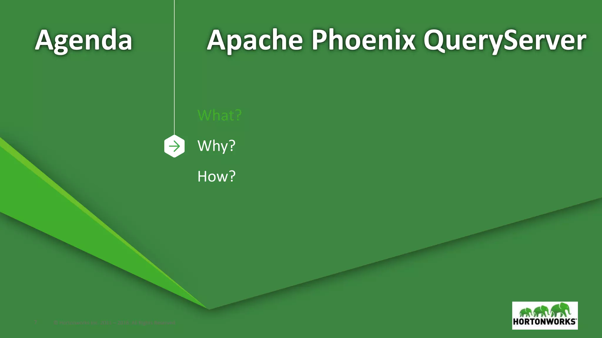 7 © Hortonworks Inc. 2011 – 2016. All Rights Reserved Agenda What? Why? How? Apache Phoenix QueryServer 