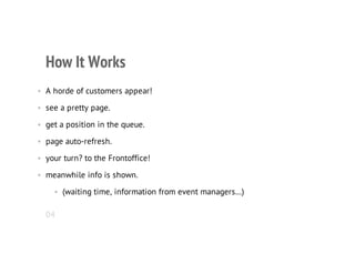 How It Works
• A horde of customers appear!
• see a pretty page.
• get a position in the queue.
• page auto-refresh.
• your turn? to the Frontoffice!
• meanwhile info is shown.
• (waiting time, information from event managers…)
04
 