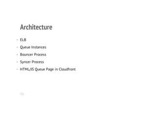 Architecture
• ELB
• Queue Instances
• Bouncer Process
• Syncer Process
• HTML/JS Queue Page in Cloudfront
06
 