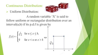 Continuous Distribution:
 Uniform Distribution:
A random variable ‘X’ is said to
follow uniform or rectangular distribution over an
interval(a,b) if its p.d.f is given by
 