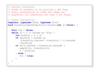 // Versión iterativa.
// Hunde el elemento en la posición j del heap
// hasta reestablecer el orden del heap; por
// hipótesis los subárboles del nodo j son heaps.
// Coste: O(log(n/j))
template <typename Elem, typename Prio>
void ColaPrioridad<Elem,Prio>::hundir(int j) throw() {
bool fin = false;
while (2 * j <= nelems && !fin) {
int minhijo = 2 * j;
if (minhijo < nelems &&
h[minhijo].second > h[minhijo + 1].second)
++minhijo;
if (h[j].second > h[minhijo].second) {
swap(h[j], h[minhijo]);
j = minhijo;
} else {
fin = true;
}
}
}
 