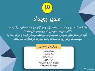 ا ع٘غبف پزیشی 
ػبص بٔ ذ٘ٞی 
ذٔیشیت ص بٖٔ 
اسادٜ لٛی 
ا ش٘طی ٚ ؿٛس ٚ ؿٛق صیبد 
تٛجٝ ثبلا ثٝ جضئیبت 
3 
مذیز رویذاد 
ٚظیفٝ یه ذٔیش سٚیذاد، ثش ب٘ ٝٔ سیضی ٚ ثش ضٌاسی سٚیذادٞبی ثضس یٌ بٔ ٙ٘ذ 
وٙفشا غ٘ ٞب، ؿٛٞبی تجبسی ٚ ٟٔ بٕ ی٘ ٞبػت. 
آ ٟ٘ب دس ثخؾ ٞبی ع ٕٛ یٔ، خصٛصی ٚ غیشا ت٘فبعی وبس وشدٜ ٚ یٔ تٛا ٙ٘ذ ثب 
ٛٔػؼبت ثش ضٌاسی شٔاػ بٕت یب ثٝ صٛست حشفٝ آصاد* وبس وٙٙذ. 
ویژگ یهای شخصیتی 
*Freelancer  