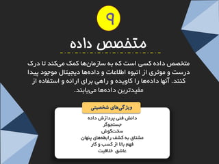 دا ؾ٘ فٙی پشداصؽ دادٜ 
جؼتجٛ شٌ 
ػخ توٛؽ 
ـٔتبق ثٝ وـف ساثغ ٝٞبی پٟٙبٖ 
فٟ ثبلا اص وؼت ٚ وبس 
عبؿك خلالیت 
متخصص داده 
تٔخصص دادٜ وؼی اػت وٝ ثٝ ػبص بٔ ٞب و هٕ یوٙذ تب دسن 
دسػت ٚ ٛٔثشی اص ا جٜ٘ٛ اعلاعبت ٚ داد ٜٞب دیجیتب ٛٔجٛد پیذا 
وٙٙذ. آ ٟ٘ب داد ٜٞب سا وبٚیذٜ ٚ ساٞی ثشای اسائٝ ٚ اػتفبدٜ اص 
فٔیذتشی داد ٜٞب ییبثٙذ. 
ویژگ یهای شخصیتی 
9  