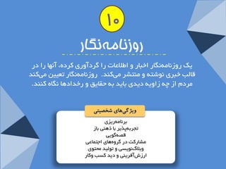 ثش ب٘ ٝٔ سیضی 
تجشث ٝپزیش ثب رٞٙی ثبص 
لصٝ ٌٛیی 
ـٔبسوت دس شٌٜٚ ٞبی اجت بٕعی 
ٚثلا ي ٛ٘یؼی ٚ تٛ یِذ حٔتٛی 
اسص ؽآفشیٙی ٚ دیذ وؼت ٚوبس 
روسنام هنگار 
یه سٚص ب٘ ٝ بٍ٘س اخجبس ٚ اعلاعبت سا شٌدآٚسی وشدٜ، آ ٟ٘ب سا دس 
لب تِ خجشی ٛ٘ؿتٝ ٚ ٙٔتـش یوٙذ. سٚص ب٘ ٝ بٍ٘س تعیی یوٙذ 
شٔد اص چٝ صاٚیٝ دیذی ثبیذ ثٝ حمبیك ٚ سخذادٞب بٍٜ٘ وٙٙذ. 
ویژگ یهای شخصیتی 
10  