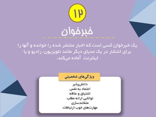 دا ؾ٘ پزیش 
اعت بٕد ثٝ ف٘غ 
اؿتیبق ٚ علالٝ 
تٛا ب٘یی اسائٝ غٔ تّ 
تٔمبعذػبصی 
ٟٔبس تٞبی خٛة استجبعبت 
خبزخوان 
یه خجشخٛا وؼی اػت وٝ اخجبس ٙٔتـش ؿذٜ سا خٛا ذٜ٘ ٚ آ ٟ٘ب سا 
ثشای ا ت٘ـبس دس یه ذٔیبی دی شٍ بٔ ٙ٘ذ ت ّٛیضیٛ ،ٖ سادیٛ ٚ یب 
ایٙتش ت٘ آ بٔدٜ یٔ وٙذ. 
ویژگ یهای شخصیتی 
12  