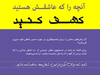 کشــف کـنـید 
آیب ص بٔ ٞبی ػختی سا ثشای تص یٕ یٌشی دس ٛٔسد ؼٔیش ؿغ یّ خٛد ػپشی 
وشدٜ ایذ؟ 
ثشای و هٕ ثٝ ؿ بٕ دس جؼتجٛی ؿغ ،ُ یِؼتی اص 20 ؿغ جزاثی سا وٝ 
ؿبیذ ثشخی اص آ ٟ٘ب سا تب ثٝ حب ـ٘ٙیذٜ ثبؿیذ، اسائٝ یٔ دٞی .ٓ 
ضایذ ضما تشای یکی اص ایه ضغل اَ ساخت ضذ تاضیذ... 
 