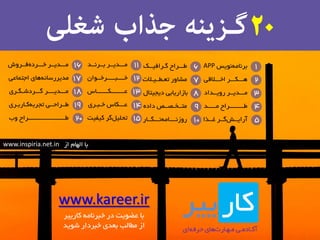 20 
12 
3 
ثش ب٘ ٝٔ ٛ٘یغ APP 
ٞـــىـــش اخـــلالی 
ـٔــذیــش سٚیــذاد 
4 
عـــــــــشاح ـٔــــذ 
5 
آسایــؾ ـٌـش غــزا 
6 
7 
8 
عـــشاح ـٌشافیــه 
ـٔبٚس تعـغــیـلات 
ثبصاسیبثی دیجیتبَ 
9 
تٔــخـصــص دادٜ 
سٚص ـ٘ـــب ٝٔ ـ٘ــ ـٍـبس 
ـٔــذیــش ثــش ـ٘ـذ 
خــــجـــــشخــٛاٖ 
عــــــــىـــــــبع 
عـــىبع خـجـشی 
تح یّ شٌ ویفیت 
ـٔــذیــش خـــشدٜ فــشٚؽ 
ذٔیشسػب ٝٞبی اجت بٕعی 
ـٔــذیــــش ـٌــشدؿـ ـٍشی 
عــشاحــی تجشثٝ وـبسثـشی 
عـــــــــــــــــــــــشاح ٚة 
10 
11 
12 
13 
14 
15 
16 
17 
18 
19 
20 
www.kareer.ir 
ثب عضٛیت دس خجش ب٘ ٝٔ وبسییش 
اص غٔب تِ ثعذی خجشداس ؿٛیذ 
ثب ا ِٟب اص www.inspiria.net.in 