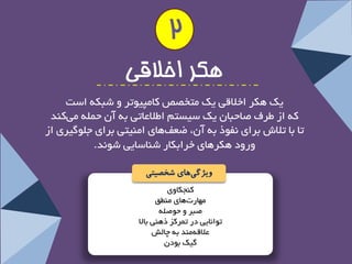 وٙجىبٚی 
ٟٔبست ٞبی ٙٔغك 
صجش ٚ حٛص ّٝ 
تٛا ب٘یی دس ت شٕوض رٞٙی ثبلا 
علالٝ ٙٔذ ثٝ چبؾِ 
یٌه ثٛد 2 
هکز اخلاقی 
یه ٞىش اخلالی یه تٔخصص وب پٔیٛتش ٚ ؿجىٝ اػت 
وٝ اص عشف صبحجب یه ػیؼت اعلاعبتی ثٝ آ ح ّٕٝ یوٙذ 
تب ثب تلاؽ ثشای ف٘ٛر ثٝ آ ،ٖ ضع فٞبی ا ٙٔیتی ثشای ج ّٛ یٌشی اص 
ٚسٚد ٞىشٞبی خشاثىبس ؿٙبػبیی ؿٛ ذ٘. 
ویژگ یهای شخصیتی 
 