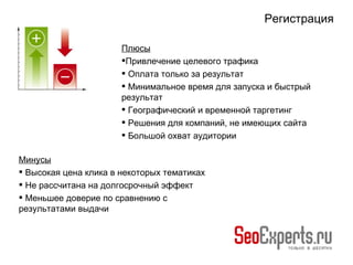 Регистрация  Минусы Высокая цена клика в некоторых тематиках Не рассчитана на долгосрочный эффект Меньшее доверие по сравнению с результатами выдачи Плюсы Привлечение целевого трафика Оплата только за результат Минимальное время для запуска и быстрый результат Географический и временной таргетинг Решения для компаний, не имеющих сайта Большой охват аудитории 
