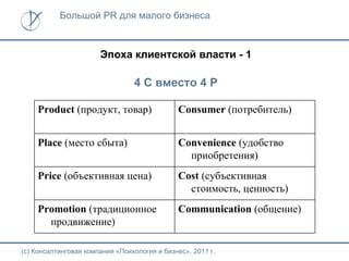 Большой PR для малого бизнеса



                       Эпоха клиентской власти - 1

                                 4 С вместо 4 Р

    Product (продукт, товар)                  Consumer (потребитель)


    Place (место сбыта)                       Convenience (удобство
                                                приобретения)
    Price (объективная цена)                  Cost (субъективная
                                                стоимость, ценность)
    Promotion (традиционное                   Communication (общение)
      продвижение)

(с) Консалтинговая компания «Психология и бизнес», 2011 г.
 