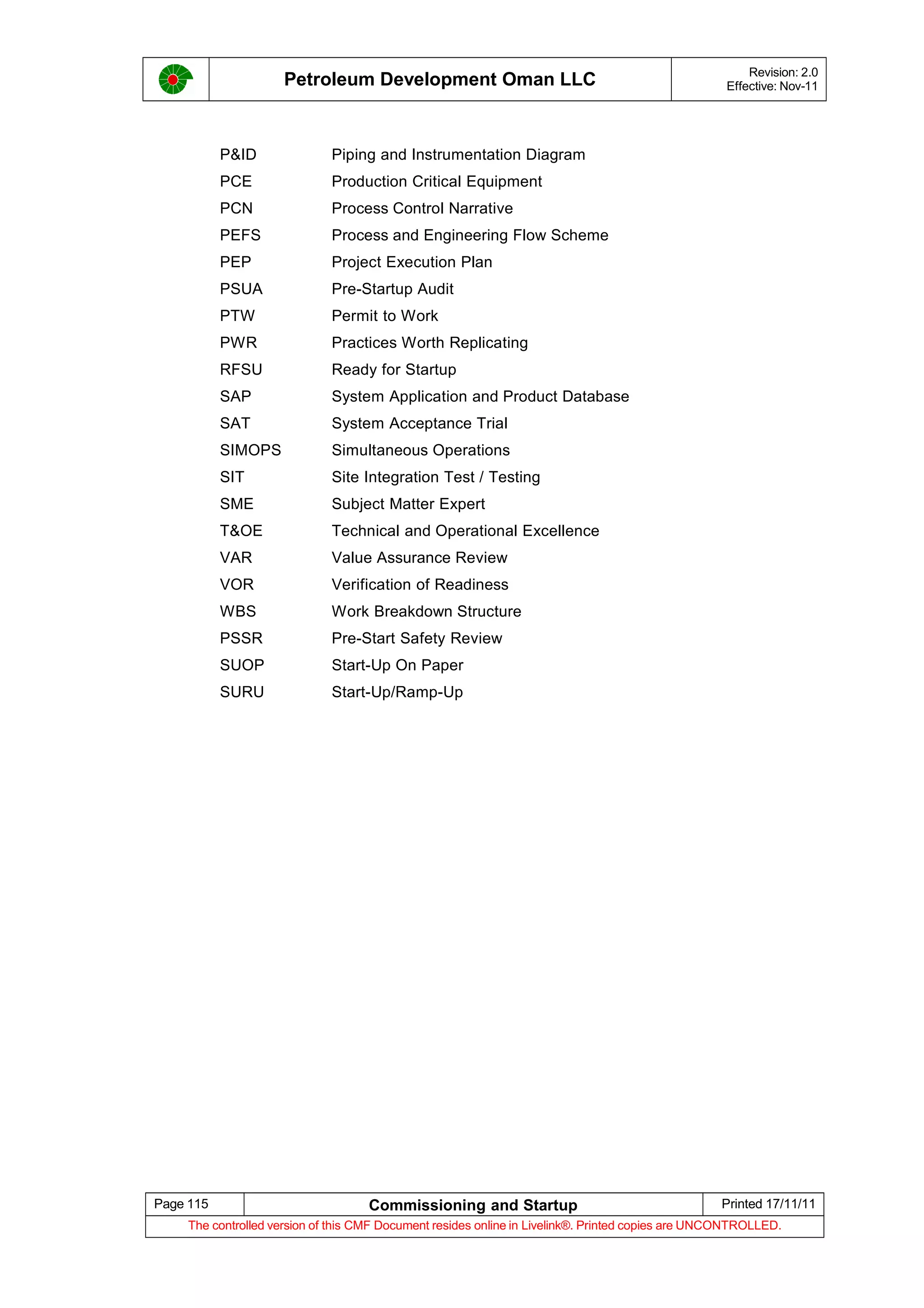 Petroleum Development Oman LLC Revision: 2.0
Effective: Nov-11
P&ID Piping and Instrumentation Diagram
PCE Production Critical Equipment
PCN Process Control Narrative
PEFS Process and Engineering Flow Scheme
PEP Project Execution Plan
PSUA Pre-Startup Audit
PTW Permit to Work
PWR Practices Worth Replicating
RFSU Ready for Startup
SAP System Application and Product Database
SAT System Acceptance Trial
SIMOPS Simultaneous Operations
SIT Site Integration Test / Testing
SME Subject Matter Expert
T&OE Technical and Operational Excellence
VAR Value Assurance Review
VOR Verification of Readiness
WBS Work Breakdown Structure
PSSR Pre-Start Safety Review
SUOP Start-Up On Paper
SURU Start-Up/Ramp-Up
Page 115 Commissioning and Startup Printed 17/11/11
The controlled version of this CMF Document resides online in Livelink®. Printed copies are UNCONTROLLED.
 