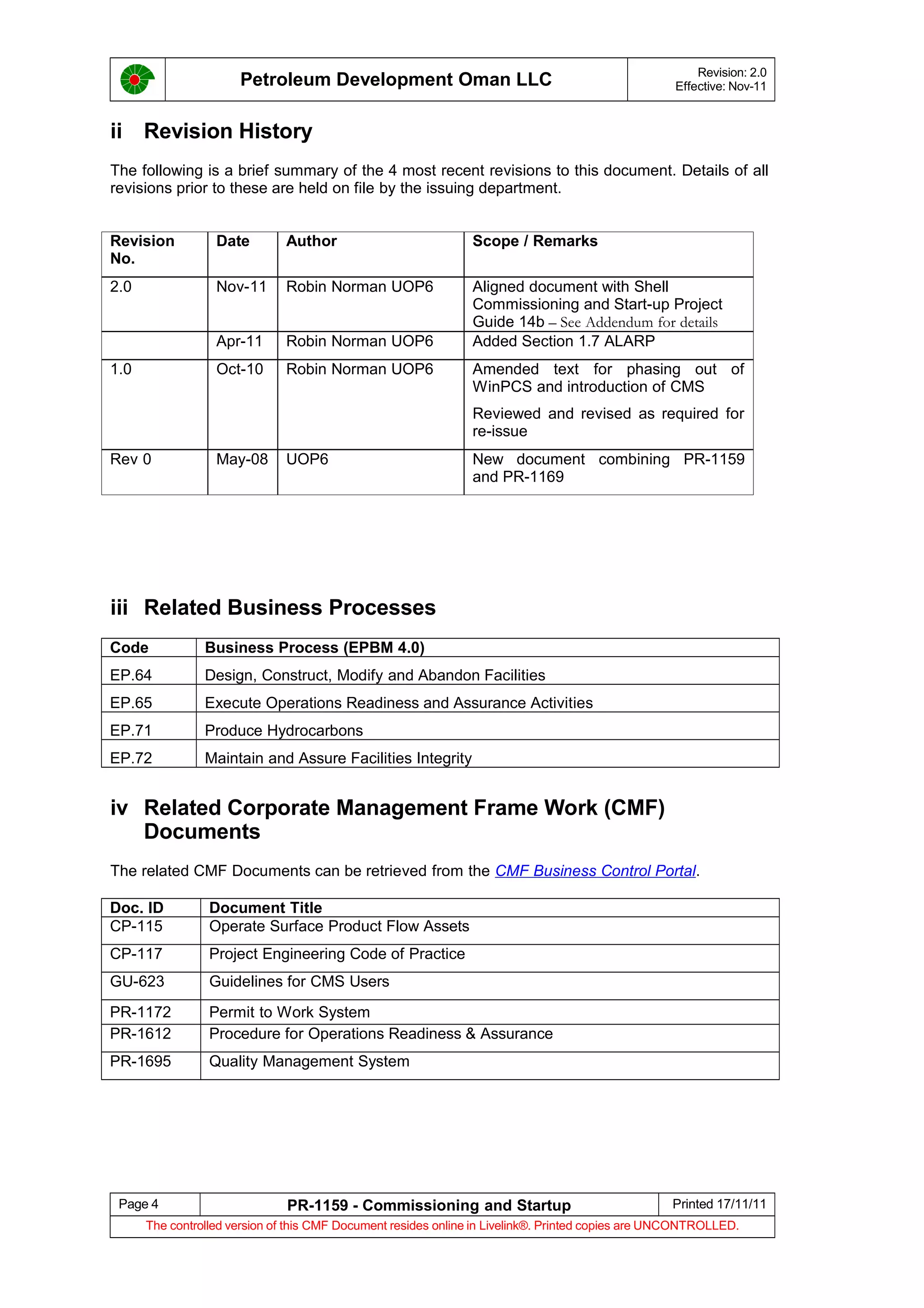 Petroleum Development Oman LLC Revision: 2.0
Effective: Nov-11
ii Revision History
The following is a brief summary of the 4 most recent revisions to this document. Details of all
revisions prior to these are held on file by the issuing department.
Revision
No.
Date Author Scope / Remarks
2.0 Nov-11 Robin Norman UOP6 Aligned document with Shell
Commissioning and Start-up Project
Guide 14b – See Addendum for details
Apr-11 Robin Norman UOP6 Added Section 1.7 ALARP
1.0 Oct-10 Robin Norman UOP6 Amended text for phasing out of
WinPCS and introduction of CMS
Reviewed and revised as required for
re-issue
Rev 0 May-08 UOP6 New document combining PR-1159
and PR-1169
iii Related Business Processes
Code Business Process (EPBM 4.0)
EP.64 Design, Construct, Modify and Abandon Facilities
EP.65 Execute Operations Readiness and Assurance Activities
EP.71 Produce Hydrocarbons
EP.72 Maintain and Assure Facilities Integrity
iv Related Corporate Management Frame Work (CMF)
Documents
The related CMF Documents can be retrieved from the CMF Business Control Portal.
Doc. ID Document Title
CP-115 Operate Surface Product Flow Assets
CP-117 Project Engineering Code of Practice
GU-623 Guidelines for CMS Users
PR-1172 Permit to Work System
PR-1612 Procedure for Operations Readiness & Assurance
PR-1695 Quality Management System
Page 4 PR-1159 - Commissioning and Startup Printed 17/11/11
The controlled version of this CMF Document resides online in Livelink®. Printed copies are UNCONTROLLED.
 