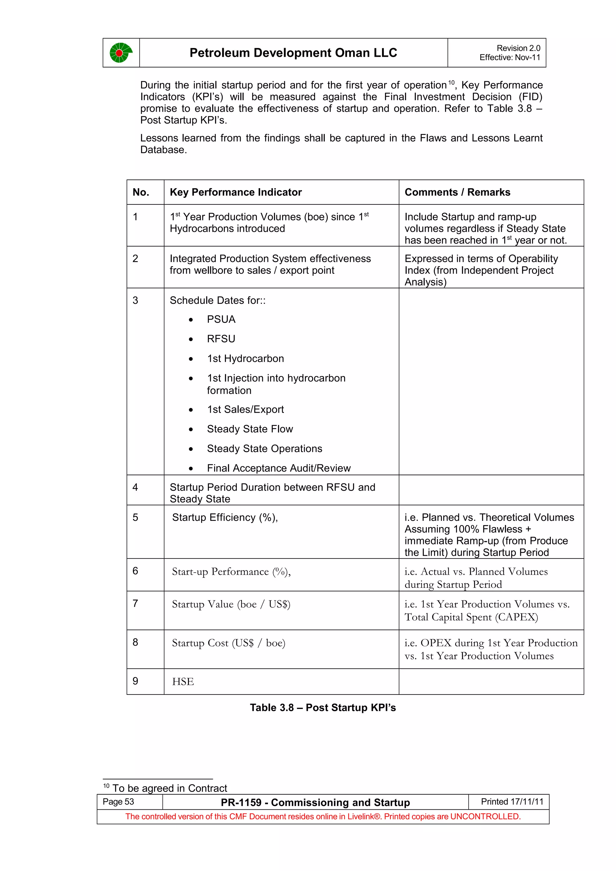 Petroleum Development Oman LLC Revision 2.0
Effective: Nov-11
During the initial startup period and for the first year of operation10
, Key Performance
Indicators (KPI’s) will be measured against the Final Investment Decision (FID)
promise to evaluate the effectiveness of startup and operation. Refer to Table 3.8 –
Post Startup KPI’s.
Lessons learned from the findings shall be captured in the Flaws and Lessons Learnt
Database.
No. Key Performance Indicator Comments / Remarks
1 1st
Year Production Volumes (boe) since 1st
Hydrocarbons introduced
Include Startup and ramp-up
volumes regardless if Steady State
has been reached in 1st
year or not.
2 Integrated Production System effectiveness
from wellbore to sales / export point
Expressed in terms of Operability
Index (from Independent Project
Analysis)
3 Schedule Dates for::
• PSUA
• RFSU
• 1st Hydrocarbon
• 1st Injection into hydrocarbon
formation
• 1st Sales/Export
• Steady State Flow
• Steady State Operations
• Final Acceptance Audit/Review
4 Startup Period Duration between RFSU and
Steady State
5 Startup Efficiency (%), i.e. Planned vs. Theoretical Volumes
Assuming 100% Flawless +
immediate Ramp-up (from Produce
the Limit) during Startup Period
6 Start-up Performance (%), i.e. Actual vs. Planned Volumes
during Startup Period
7 Startup Value (boe / US$) i.e. 1st Year Production Volumes vs.
Total Capital Spent (CAPEX)
8 Startup Cost (US$ / boe) i.e. OPEX during 1st Year Production
vs. 1st Year Production Volumes
9 HSE
Table 3.8 – Post Startup KPI’s
10
To be agreed in Contract
Page 53 PR-1159 - Commissioning and Startup Printed 17/11/11
The controlled version of this CMF Document resides online in Livelink®. Printed copies are UNCONTROLLED.
 