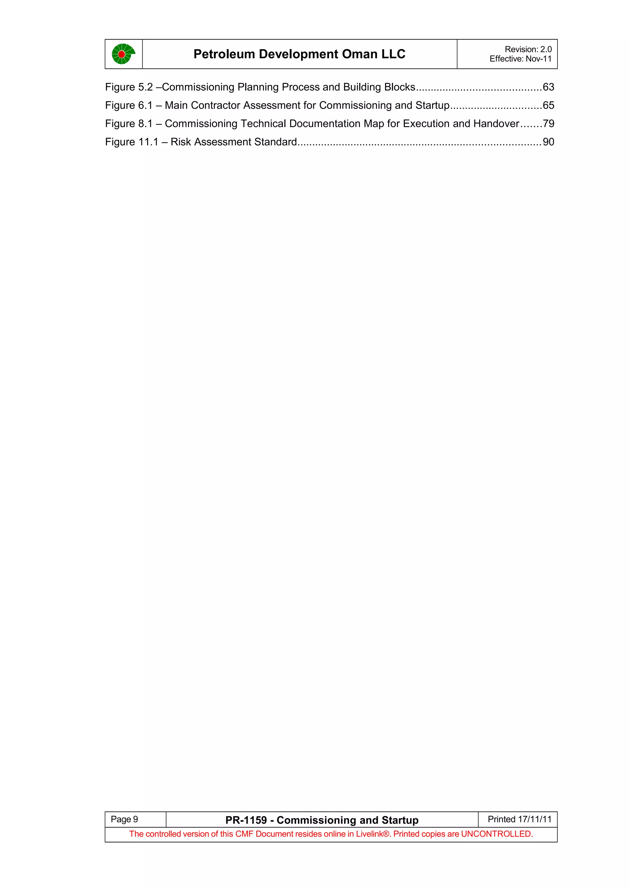 Petroleum Development Oman LLC Revision: 2.0
Effective: Nov-11
Figure 5.2 –Commissioning Planning Process and Building Blocks..........................................63
Figure 6.1 – Main Contractor Assessment for Commissioning and Startup...............................65
Figure 8.1 – Commissioning Technical Documentation Map for Execution and Handover.......79
Figure 11.1 – Risk Assessment Standard..................................................................................90
Page 9 PR-1159 - Commissioning and Startup Printed 17/11/11
The controlled version of this CMF Document resides online in Livelink®. Printed copies are UNCONTROLLED.
 