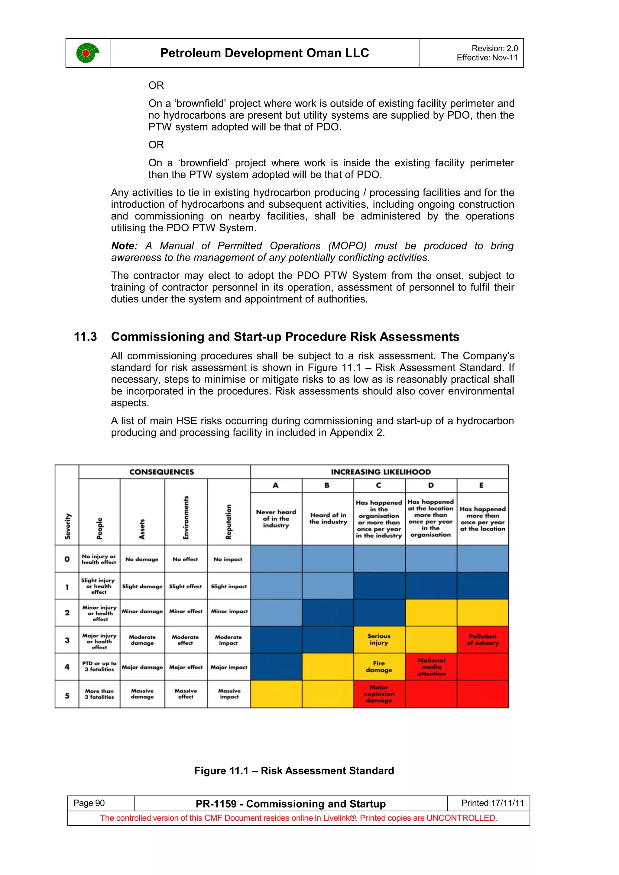 Petroleum Development Oman LLC Revision: 2.0
Effective: Nov-11
OR
On a ‘brownfield’ project where work is outside of existing facility perimeter and
no hydrocarbons are present but utility systems are supplied by PDO, then the
PTW system adopted will be that of PDO.
OR
On a ‘brownfield’ project where work is inside the existing facility perimeter
then the PTW system adopted will be that of PDO.
Any activities to tie in existing hydrocarbon producing / processing facilities and for the
introduction of hydrocarbons and subsequent activities, including ongoing construction
and commissioning on nearby facilities, shall be administered by the operations
utilising the PDO PTW System.
Note: A Manual of Permitted Operations (MOPO) must be produced to bring
awareness to the management of any potentially conflicting activities.
The contractor may elect to adopt the PDO PTW System from the onset, subject to
training of contractor personnel in its operation, assessment of personnel to fulfil their
duties under the system and appointment of authorities.
11.3 Commissioning and Start-up Procedure Risk Assessments
All commissioning procedures shall be subject to a risk assessment. The Company’s
standard for risk assessment is shown in Figure 11.1 – Risk Assessment Standard. If
necessary, steps to minimise or mitigate risks to as low as is reasonably practical shall
be incorporated in the procedures. Risk assessments should also cover environmental
aspects.
A list of main HSE risks occurring during commissioning and start-up of a hydrocarbon
producing and processing facility in included in Appendix 2.
Figure 11.1 – Risk Assessment Standard
Page 90 PR-1159 - Commissioning and Startup Printed 17/11/11
The controlled version of this CMF Document resides online in Livelink®. Printed copies are UNCONTROLLED.
 