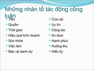 Những nhân tố tác động công luận  Tiền Quyền Thời gian  Hiệu quả kinh doanh  Sức khỏe  Việc làm  Bảo vệ danh dự Của cải  Uy tín  Công lao  An tòan  Hạnh phúc  Hưởng thụ  Hiếu kỳ  