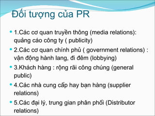 Đối tượng của PR  1.Các cơ quan truyền thông (media relations): quảng cáo công ty ( publicity) 2.Các cơ quan chính phủ ( government relations) : vận động hành lang, đi đêm (lobbying) 3.Khách hàng : rộng rãi công chúng (general public) 4.Các nhà cung cấp hay bạn hàng (supplier relations) 5.Các đại lý, trung gian phân phối (Distributor relations) 