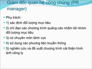 Giám đốc quan hệ công chúng (PR manager ) Phụ trách: 1) xác định đối tượng mục tiêu 2) chỉ đạo các chương trình quảng cáo nhắm tới nhóm đối tượng mục tiêu 3) có chuyên môn lảnh vực  4) sử dụng các phuơng tiện truyền thông  5) nghiên cứu và đề xuất chuơng trình cải  thiện  hình ảnh công ty 