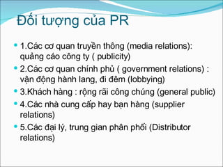 Đối tượng của PR  1.Các cơ quan truyền thông (media relations): quảng cáo công ty ( publicity) 2.Các cơ quan chính phủ ( government relations) : vận động hành lang, đi đêm (lobbying) 3.Khách hàng : rộng rãi công chúng (general public) 4.Các nhà cung cấp hay bạn hàng (supplier relations) 5.Các đại lý, trung gian phân phối (Distributor relations) 