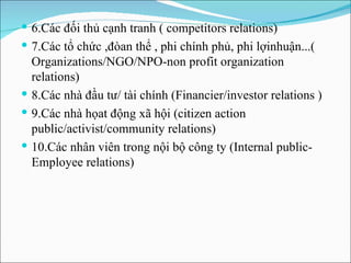 6.Các đối thủ cạnh tranh ( competitors relations) 7.Các tổ chức ,đòan thể , phi chính phủ, phi lợinhuận...( Organizations/NGO/NPO-non profit organization relations) 8.Các nhà đầu tư/ tài chính (Financier/investor relations )  9.Các nhà họat động xã hội (citizen action public/activist/community relations) 10.Các nhân viên trong nội bộ công ty (Internal public-Employee relations) 