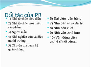 Đối tác của PR 1) Nhà tổ chức biểu diễn 2) Nhà tổ chức giới thiệu sản phẩm 3) Người mẫu 4) Nhà nghiên cứu và điều tra thị trường 5) Chuyên gia quan hệ quần chúng 6) Đại diên  bán hàng  7) Nhà bán sỉ và đại lý  8) Nhà sản xuất 9) Nhà văn ,nhà báo 10) Vận động viên ,nghệ sĩ nổi tiếng ... 