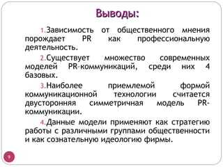 Выводы:
       1.Зависимость   от общественного мнения
    порождает      PR    как  профессиональную
    деятельность.
        2.Существует    множество     современных
    моделей PR–коммуникаций, среди них 4
    базовых.
        3.Наиболее       приемлемой        формой
    коммуникационной      технологии     считается
    двусторонняя     симметричная    модель    PR-
    коммуникации.
        4.Данные модели применяют как стратегию
    работы с различными группами общественности
    и как сознательную идеологию фирмы.

9
 