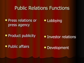 Public Relations Functions <ul><li>Press relations or press agency </li></ul><ul><li>Product publicity </li></ul><ul><li>P...