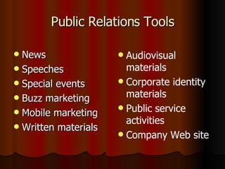 Public Relations Tools <ul><li>News </li></ul><ul><li>Speeches </li></ul><ul><li>Special events </li></ul><ul><li>Buzz mar...