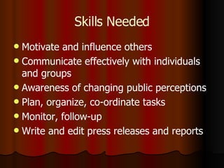 Skills Needed <ul><li>Motivate and influence others </li></ul><ul><li>Communicate effectively with individuals and groups ...