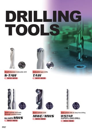 DRILLING
  TOOLS

  Small diameter indexable drill   Indexable type drills

 S-TAW                             TAW
  ^ N112          N116             ^ N117     N135




  Solid carbide drill with         Solid carbide drill     Solid carbide drills for deep hole drilling
  through coolant holes

 SMALL DIAMETER   MWS              MWE/MWS                 WSTAR
                                                           SUPER LONG DRILL
                                   ^ N019 N032
  ^ N012          N018                                      ^ N033 N039



PR7
 