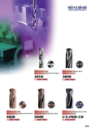 Solid carbide drills                Solid carbide drill for die &
                                       for machining of aluminium alloys   mould machining

                                       MNSN059
                                       ^ N052
                                                                           MHS
                                                                           ^ N060 N067




Solid carbide drills                   Solid carbide drills                Violet series, high precision drills
for machining of steel and cast iron   for machining of stainless steel    for counter boring

MQSN045
^ N040
                                       MMS
                                       ^ N046 N051
                                                                           VA-PDS-CB
                                                                            ^ N174, N175



                                                                                                            PR8
 