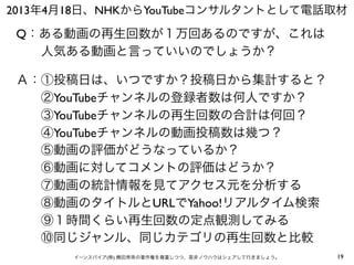 2013年4月18日、NHKからYouTubeコンサルタントとして電話取材
イーンスパイア(株) 横田秀珠の著作権を尊重しつつ、是非ノウハウはシェアして行きましょう。 19
Q：ある動画の再生回数が１万回あるのですが、これは
  人気ある動画と言っていいのでしょうか？
Ａ：①投稿日は、いつですか？投稿日から集計すると？
  ②YouTubeチャンネルの登録者数は何人ですか？
  ③YouTubeチャンネルの再生回数の合計は何回？
  ④YouTubeチャンネルの動画投稿数は幾つ？
  ⑤動画の評価がどうなっているか？
  ⑥動画に対してコメントの評価はどうか？
  ⑦動画の統計情報を見てアクセス元を分析する
  ⑧動画のタイトルとURLでYahoo!リアルタイム検索
  ⑨１時間くらい再生回数の定点観測してみる
  ⑩同じジャンル、同じカテゴリの再生回数と比較
 