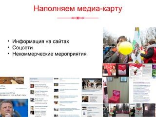 Наполняем медиа-карту
• Информация на сайтах
• Соцсети
• Некоммерческие мероприятия
 