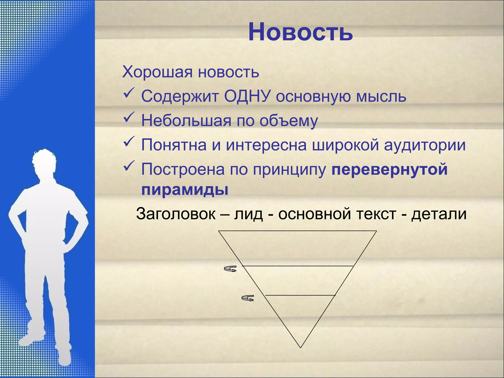 Новость
Хорошая новость
 Содержит ОДНУ основную мысль
 Небольшая по объему
 Понятна и интересна широкой аудитории
 Построена по принципу перевернутой
пирамиды
Заголовок – лид - основной текст - детали
 