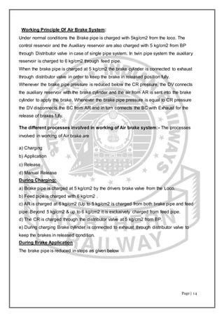 Page | 14
Working Principle Of Air Brake System:
Under normal conditions the Brake pipe is charged with 5kg/cm2 from the loco. The
control reservoir and the Auxiliary reservoir are also charged with 5 kg/cm2 from BP
through Distributor valve in case of single pipe system. In twin pipe system the auxiliary
reservoir is charged to 6 kg/cm2 through feed pipe.
When the brake pipe is charged at 5 kg/cm2 the brake cylinder is connected to exhaust
through distributor valve in order to keep the brake in released position fully.
Whenever the brake pipe pressure is reduced below the CR pressure, the DV connects
the auxiliary reservoir with the brake cylinder and the air from AR is sent into the brake
cylinder to apply the brake. Whenever the brake pipe pressure is equal to CR pressure
the DV disconnects the BC from AR and in turn connects the BC with Exhaust for the
release of brakes fully.
The different processes involved in working of Air brake system:- The processes
involved in working of Air brake are
a) Charging
b) Application
c) Release
d) Manual Release
During Charging:
a) Brake pipe is charged at 5 kg/cm2 by the drivers brake valve from the Loco.
b) Feed pipe is charged with 6 kg/cm2 .
c) AR is charged at 6 kg/cm2 (Up to 5 kg/cm2 is charged from both brake pipe and feed
pipe. Beyond 5 kg/cm2 & up to 6 kg/cm2 it is exclusively charged from feed pipe.
d) The CR is charged through the distributor valve at 5 kg/cm2 from BP.
e) During charging Brake cylinder is connected to exhaust through distributor valve to
keep the brakes in released condition.
During Brake Application
The brake pipe is reduced in steps as given below
 